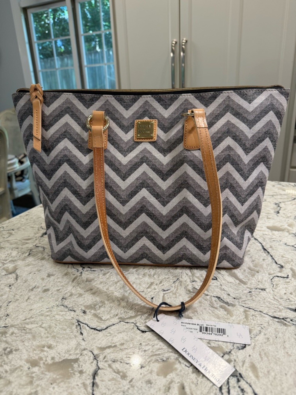 Dooney & Bourke Wren Zip Tote in Black Chevron Coated Canvas, NWT